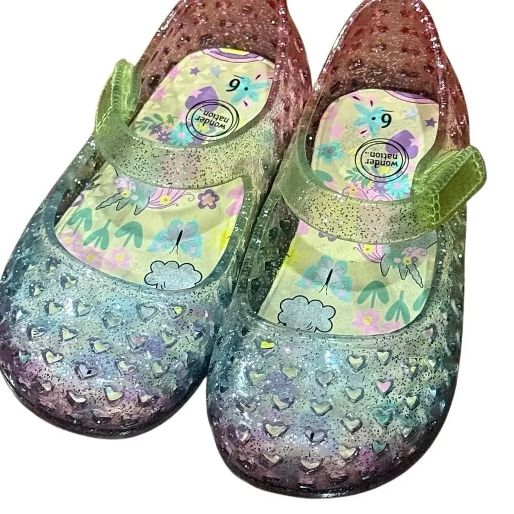 Wonder Nation Rainbow Glitter Jelly Shoes Girls 6C Unicorn Heart Velcro Sandals